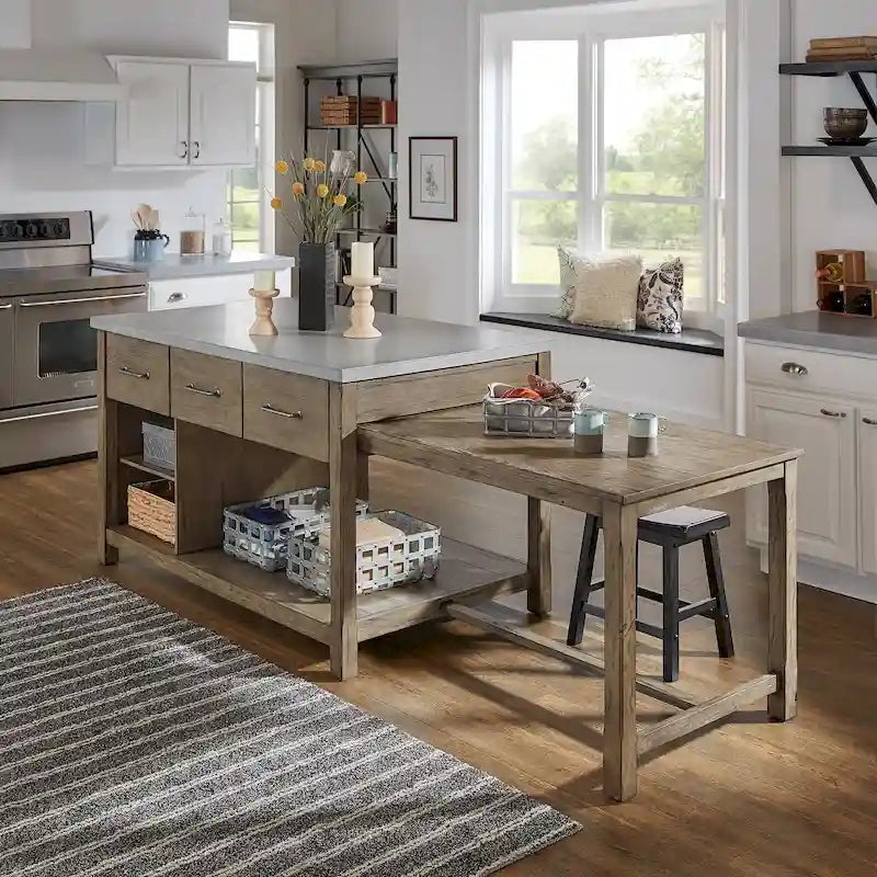 Reclaimed-Look Carbonized Pine Extendable Kitchen Island with 3 Drawers and Open Shelf, Multi-Finish