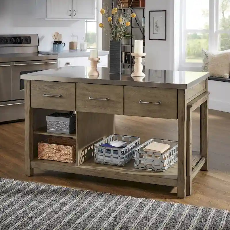 Reclaimed-Look Carbonized Pine Extendable Kitchen Island with 3 Drawers and Open Shelf, Multi-Finish