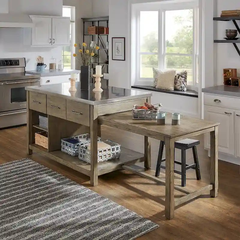 Reclaimed-Look Carbonized Pine Extendable Kitchen Island with 3 Drawers and Open Shelf, Multi-Finish