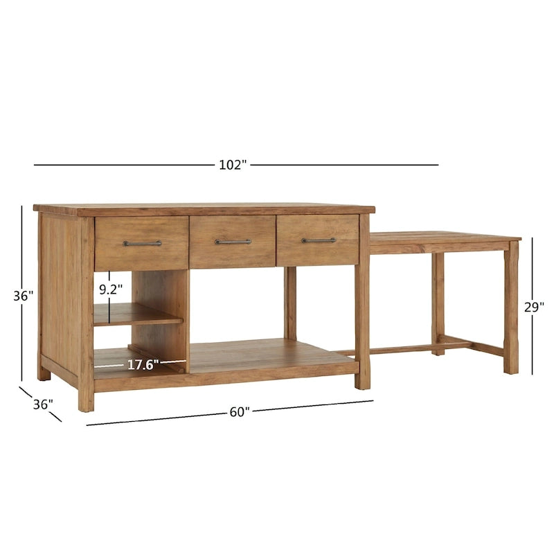 Reclaimed-Look Carbonized Pine Extendable Kitchen Island with 3 Drawers and Open Shelf, Multi-Finish