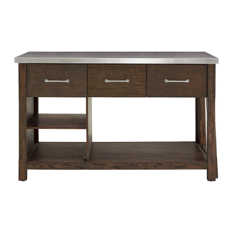 Reclaimed-Look Carbonized Pine Extendable Kitchen Island with 3 Drawers and Open Shelf, Multi-Finish