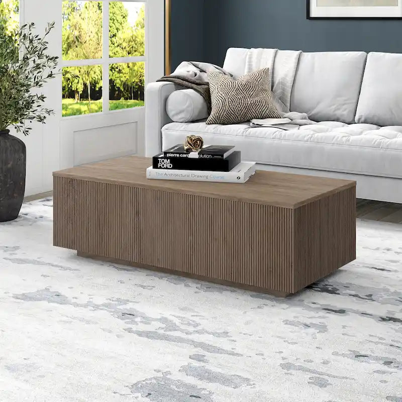 Modern Rectangular Coffee Table with Ribbed Plinth Base, Black Grain and Gray Oak