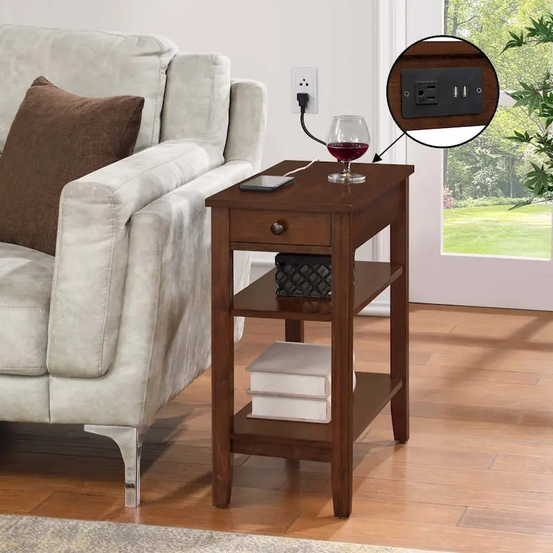 Chairside End Table with Charging Station, 1 Drawer and 3-Tier Shelves, Multi-Color