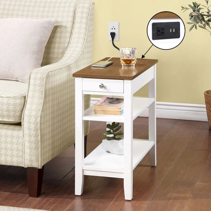 Chairside End Table with Charging Station, 1 Drawer and 3-Tier Shelves, Multi-Color