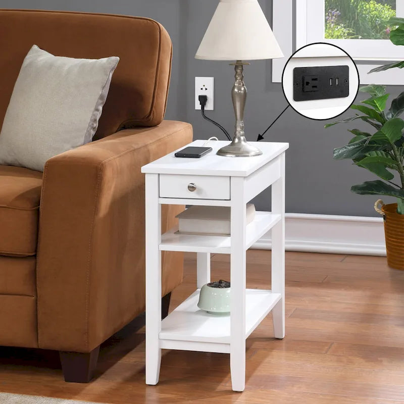 Chairside End Table with Charging Station, 1 Drawer and 3-Tier Shelves, Multi-Color