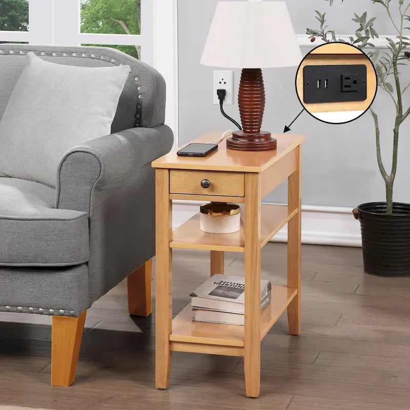 Chairside End Table with Charging Station, 1 Drawer and 3-Tier Shelves, Multi-Color