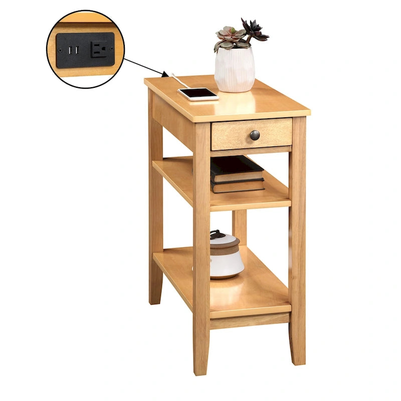 Chairside End Table with Charging Station, 1 Drawer and 3-Tier Shelves, Multi-Color