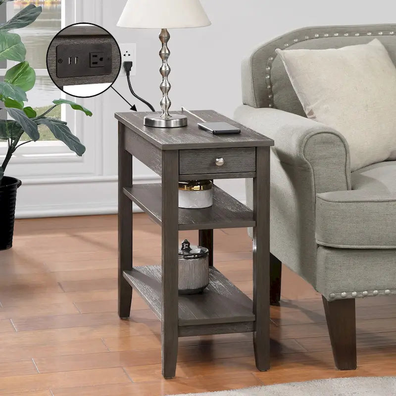 Chairside End Table with Charging Station, 1 Drawer and 3-Tier Shelves, Multi-Color