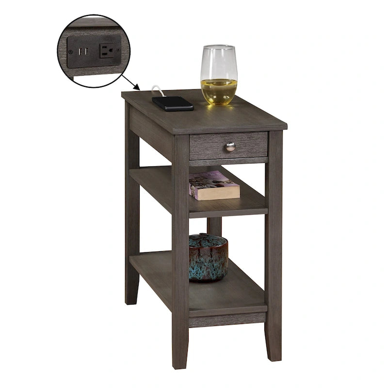 Chairside End Table with Charging Station, 1 Drawer and 3-Tier Shelves, Multi-Color