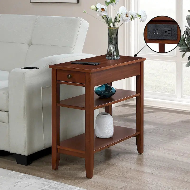 Chairside End Table with Charging Station, 1 Drawer and 3-Tier Shelves, Multi-Color
