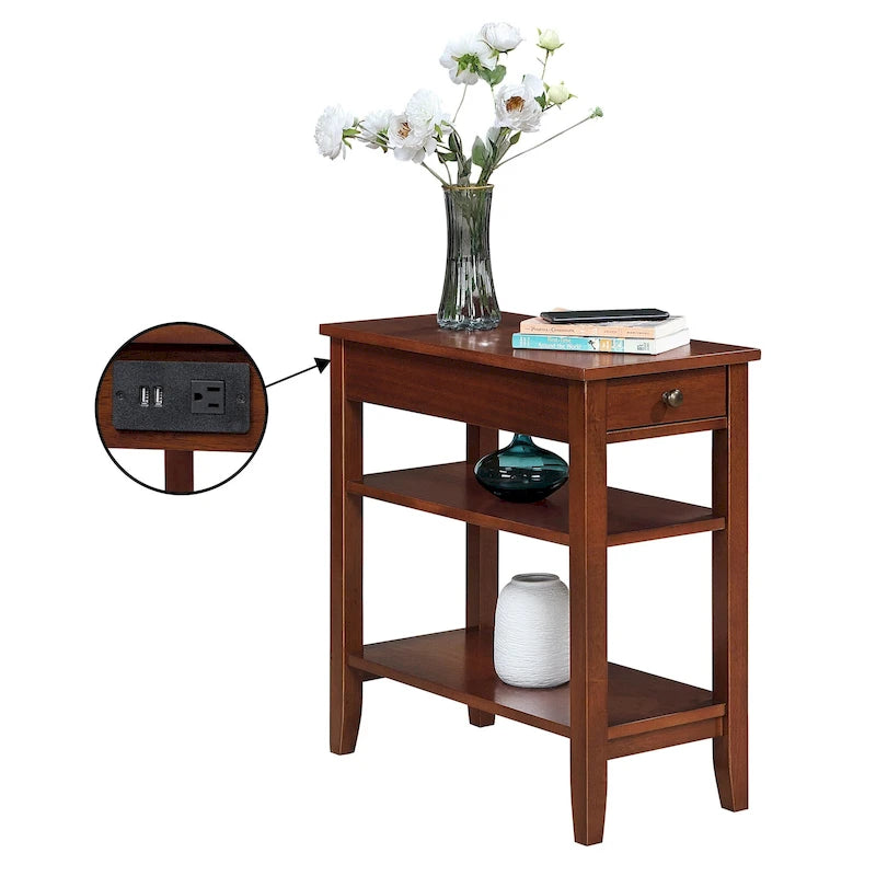 Chairside End Table with Charging Station, 1 Drawer and 3-Tier Shelves, Multi-Color