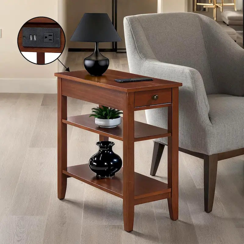 Chairside End Table with Charging Station, 1 Drawer and 3-Tier Shelves, Multi-Color