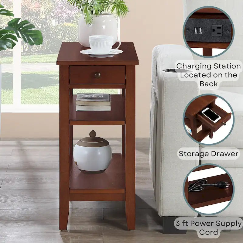 Chairside End Table with Charging Station, 1 Drawer and 3-Tier Shelves, Multi-Color