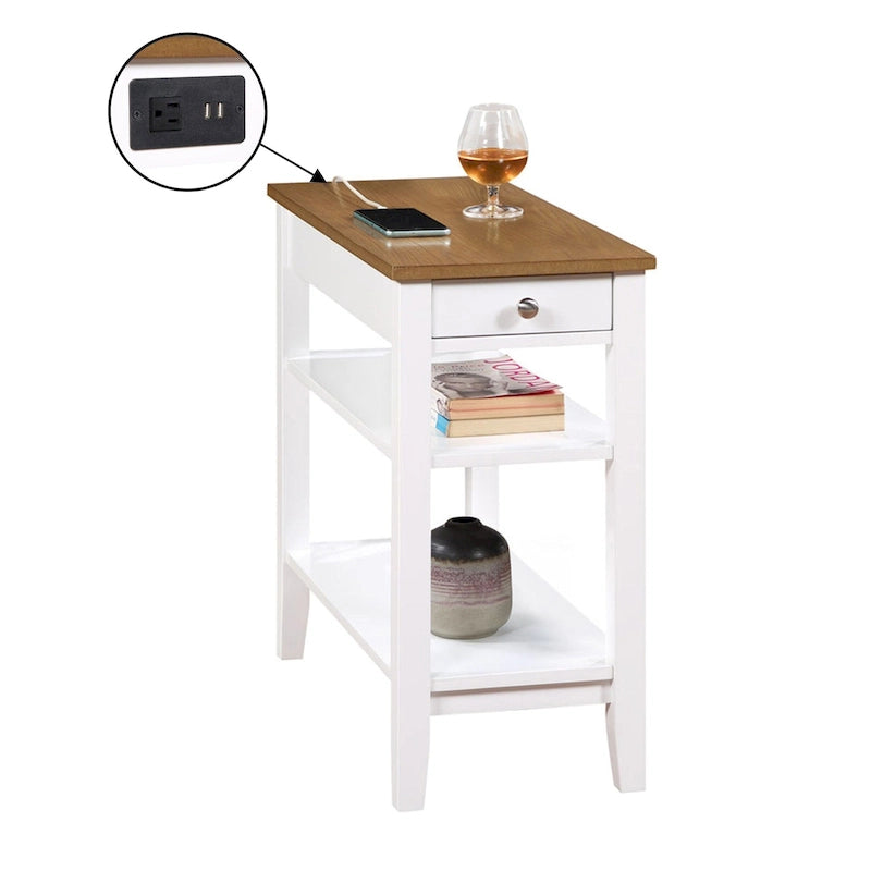 Chairside End Table with Charging Station, 1 Drawer and 3-Tier Shelves, Multi-Color