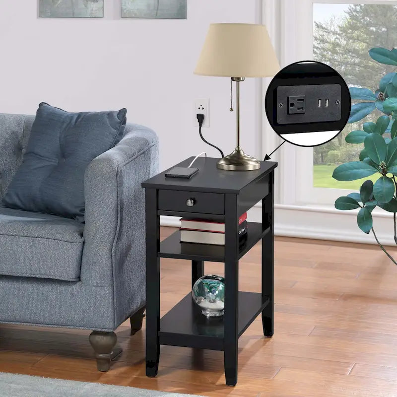 Chairside End Table with Charging Station, 1 Drawer and 3-Tier Shelves, Multi-Color