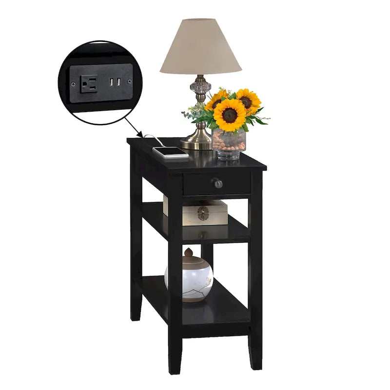Chairside End Table with Charging Station, 1 Drawer and 3-Tier Shelves, Multi-Color