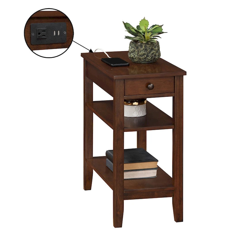 Chairside End Table with Charging Station, 1 Drawer and 3-Tier Shelves, Multi-Color