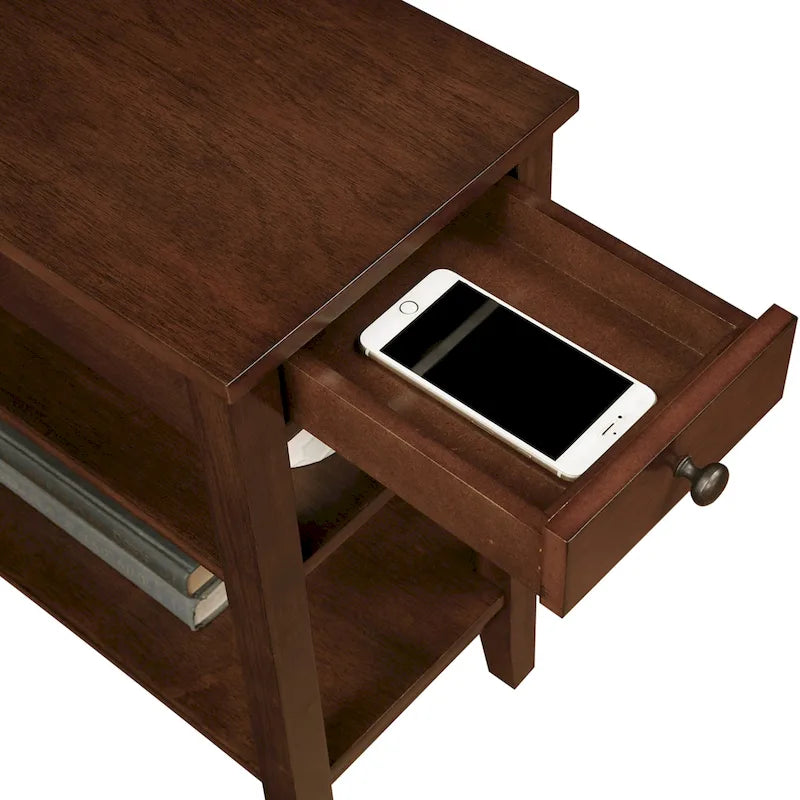 Chairside End Table with Charging Station, 1 Drawer and 3-Tier Shelves, Multi-Color