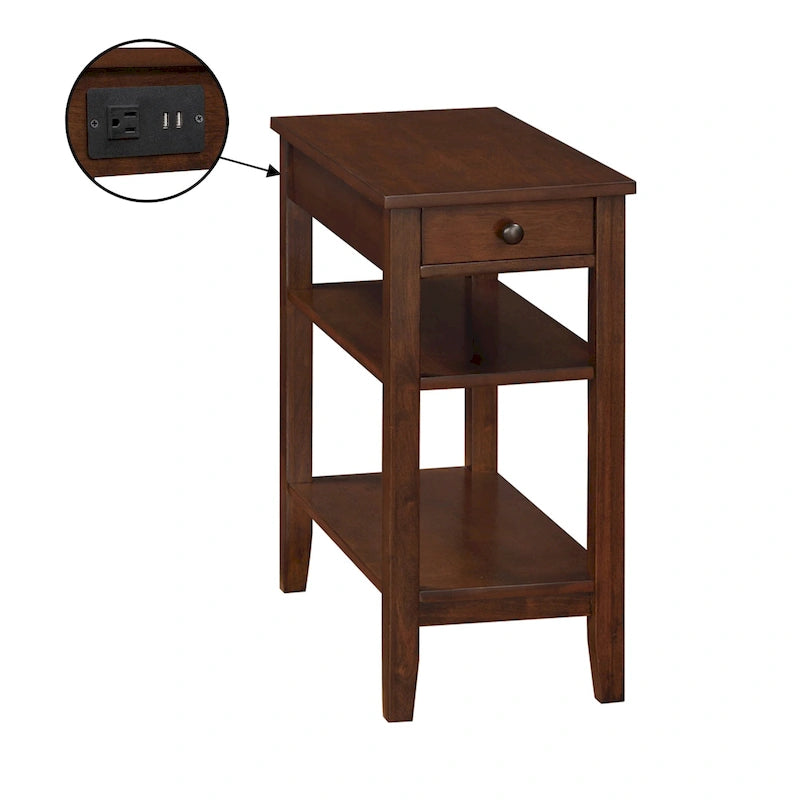Chairside End Table with Charging Station, 1 Drawer and 3-Tier Shelves, Multi-Color