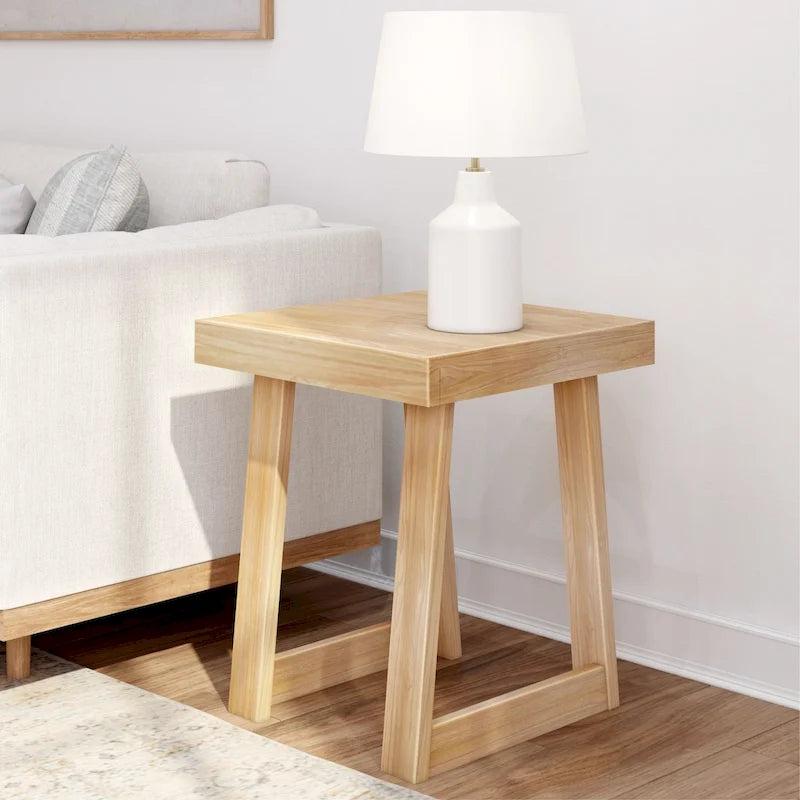 Solid Pine Wood Square Side Table with A-Frame Legs, Wirebrush Finish, Multi-Color