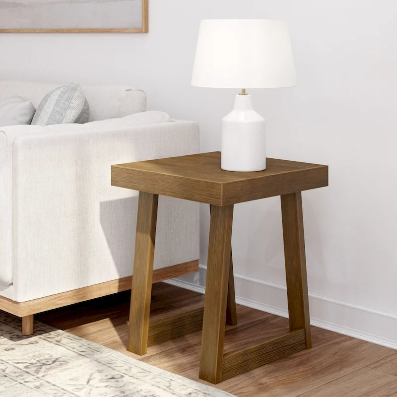 Solid Pine Wood Square Side Table with A-Frame Legs, Wirebrush Finish, Multi-Color