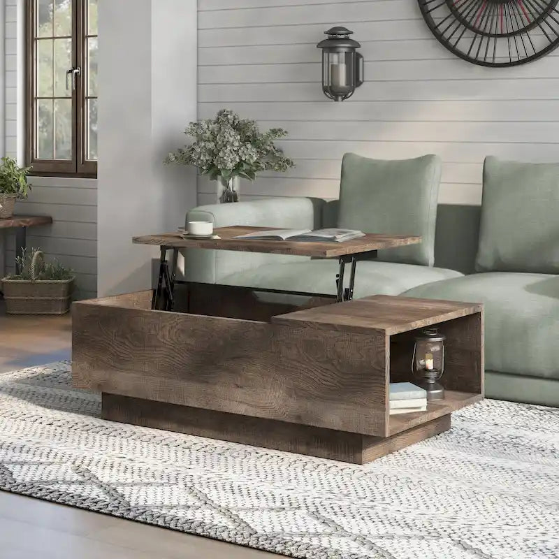 Rustic Lift-Top Coffee Table with Hidden Storage and Open Side Shelf, Multi-Color