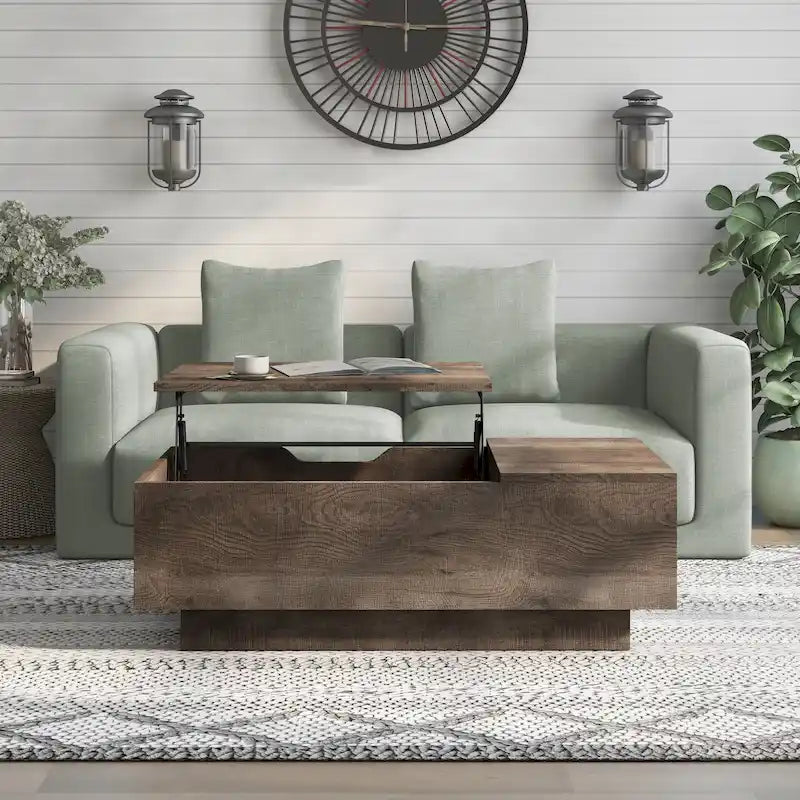 Rustic Lift-Top Coffee Table with Hidden Storage and Open Side Shelf, Multi-Color