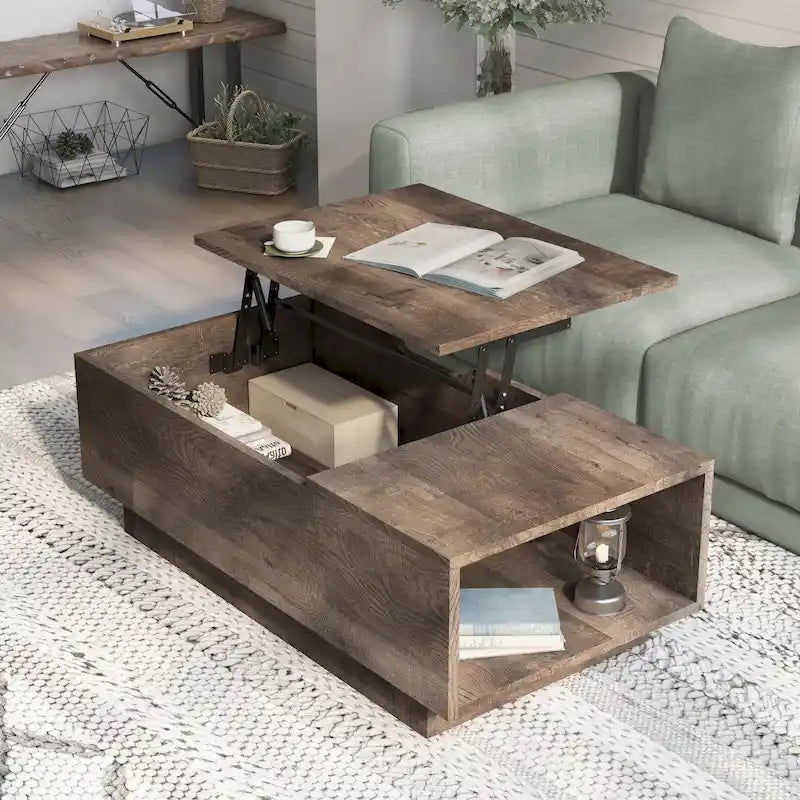 Rustic Lift-Top Coffee Table with Hidden Storage and Open Side Shelf, Multi-Color
