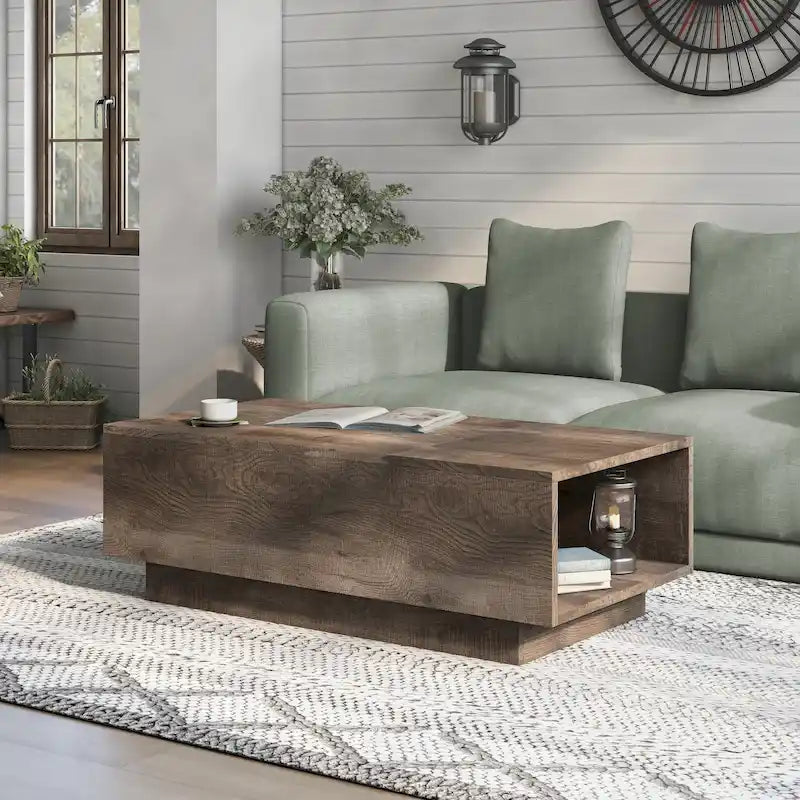 Rustic Lift-Top Coffee Table with Hidden Storage and Open Side Shelf, Multi-Color