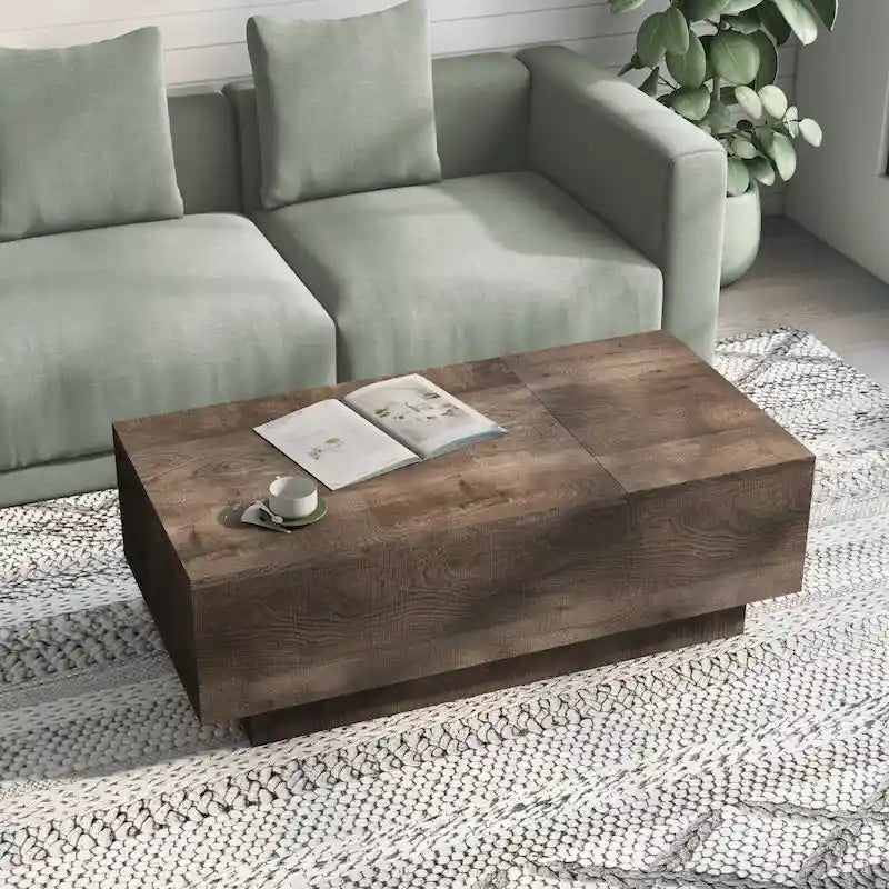 Rustic Lift-Top Coffee Table with Hidden Storage and Open Side Shelf, Multi-Color