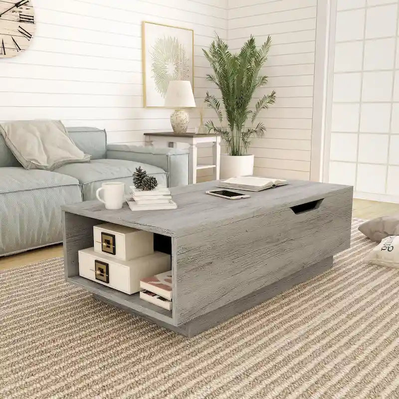 Rustic Lift-Top Coffee Table with Hidden Storage and Open Side Shelf, Multi-Color