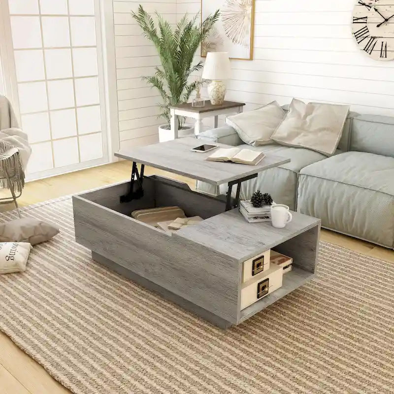 Rustic Lift-Top Coffee Table with Hidden Storage and Open Side Shelf, Multi-Color