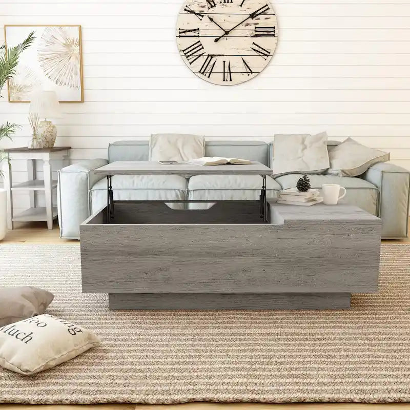 Rustic Lift-Top Coffee Table with Hidden Storage and Open Side Shelf, Multi-Color