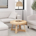 Solid Pine Round Coffee Table with Wirebrush Finish and Cross Legs, Multi-Color
