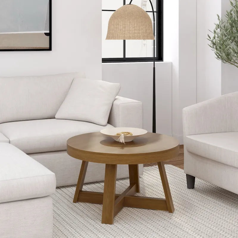 Solid Pine Round Coffee Table with Wirebrush Finish and Cross Legs, Multi-Color