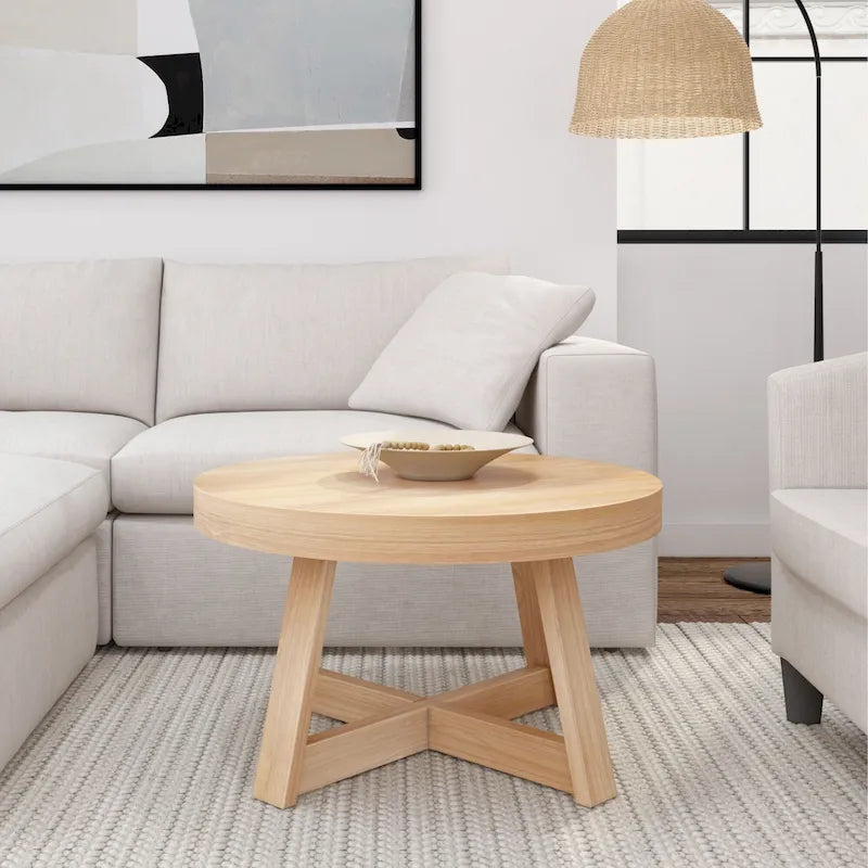 Solid Pine Round Coffee Table with Wirebrush Finish and Cross Legs, Multi-Color