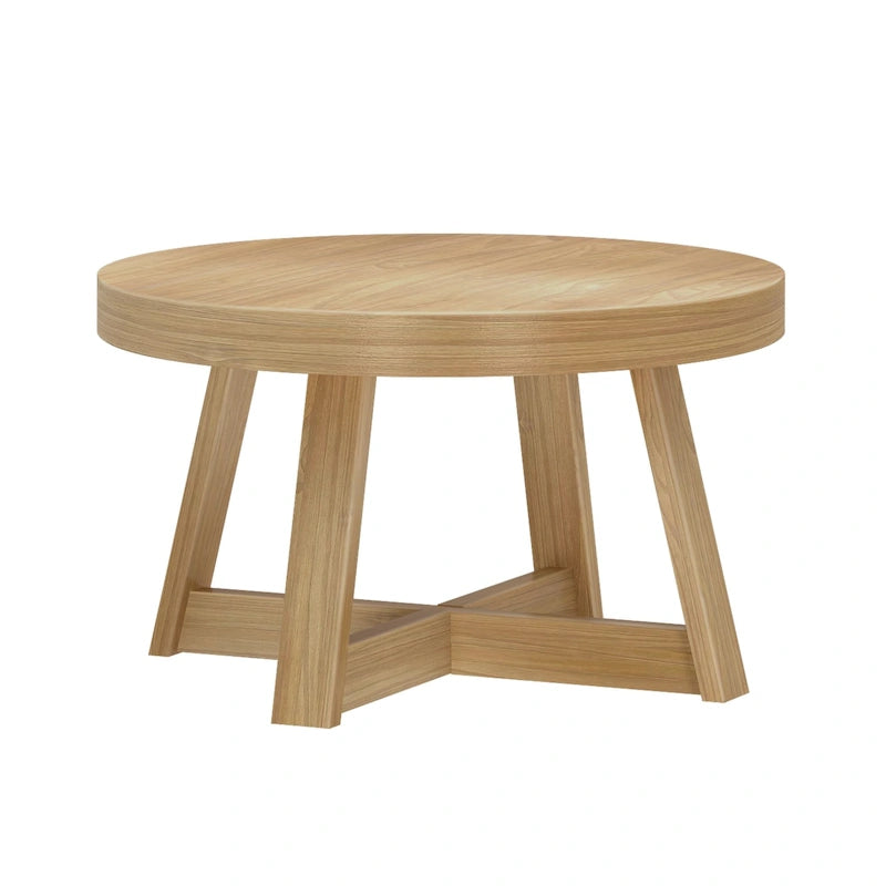 Solid Pine Round Coffee Table with Wirebrush Finish and Cross Legs, Multi-Color