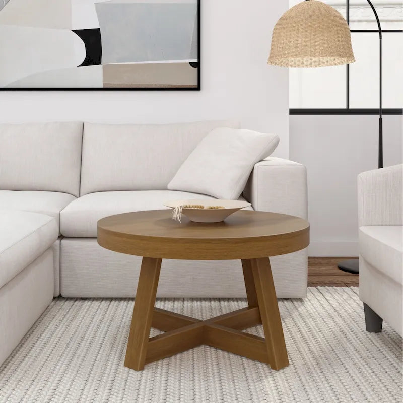 Solid Pine Round Coffee Table with Wirebrush Finish and Cross Legs, Multi-Color