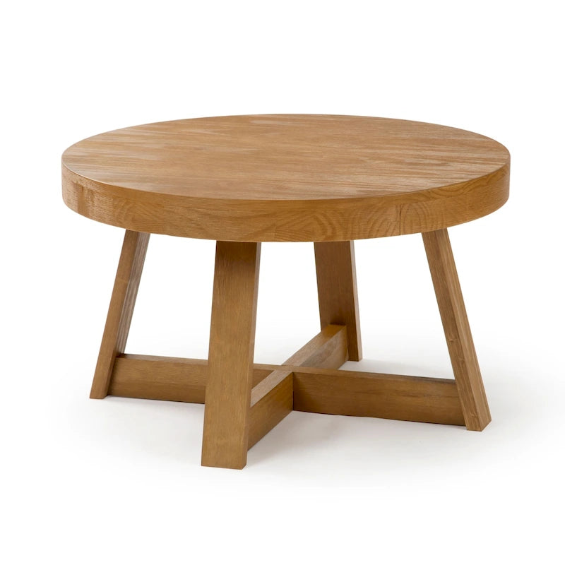 Solid Pine Round Coffee Table with Wirebrush Finish and Cross Legs, Multi-Color