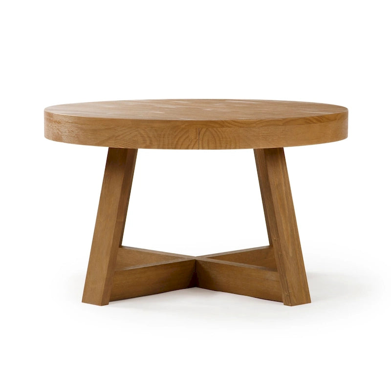 Solid Pine Round Coffee Table with Wirebrush Finish and Cross Legs, Multi-Color