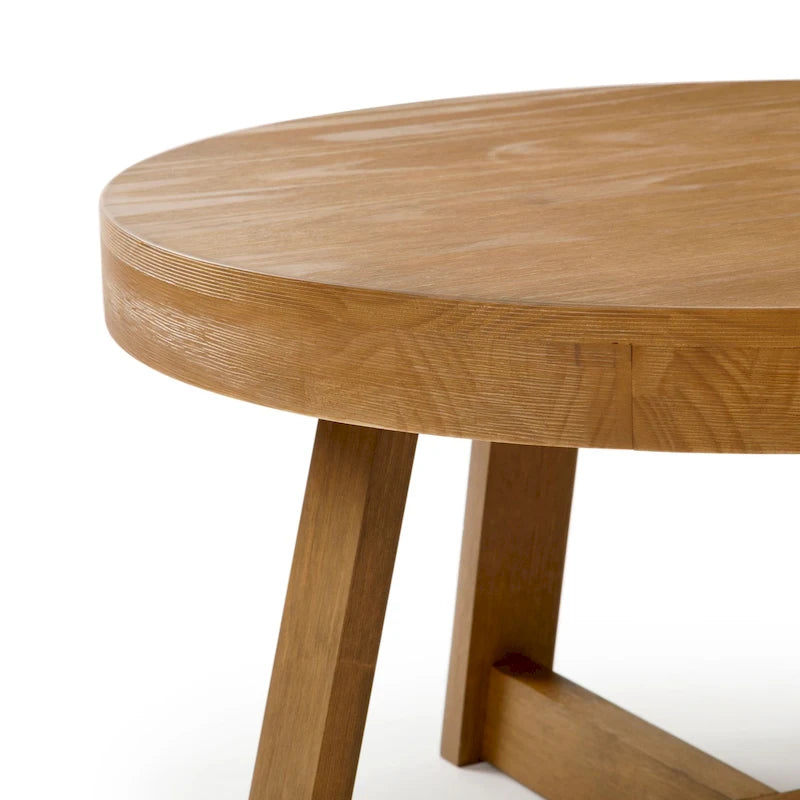 Solid Pine Round Coffee Table with Wirebrush Finish and Cross Legs, Multi-Color
