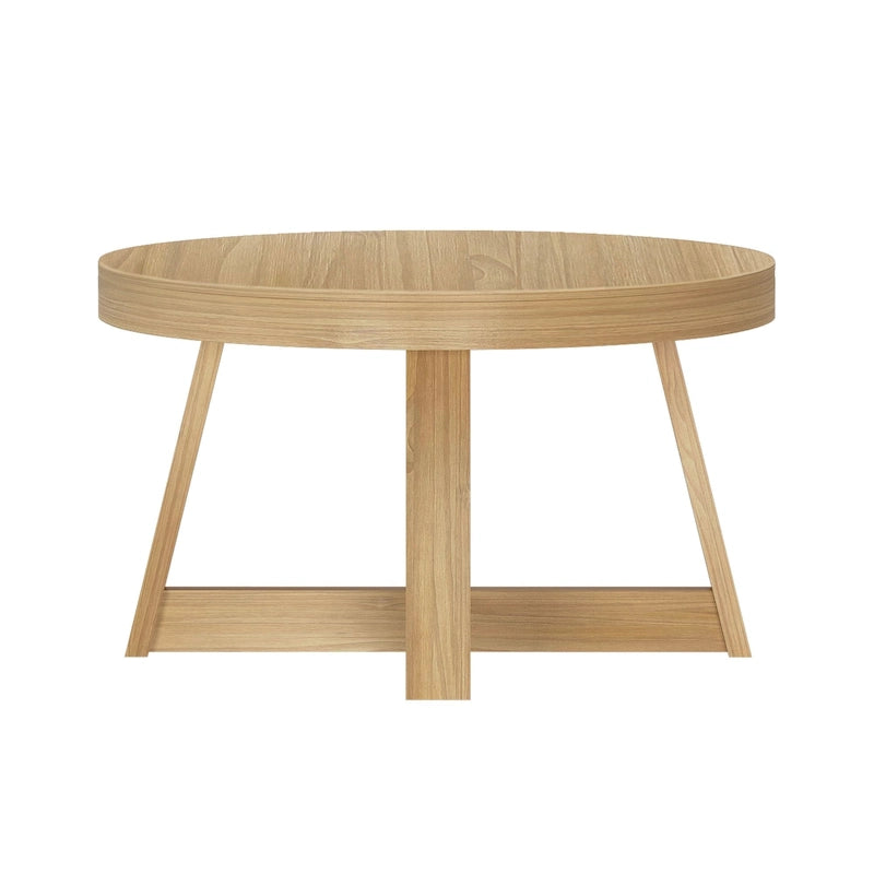 Solid Pine Round Coffee Table with Wirebrush Finish and Cross Legs, Multi-Color
