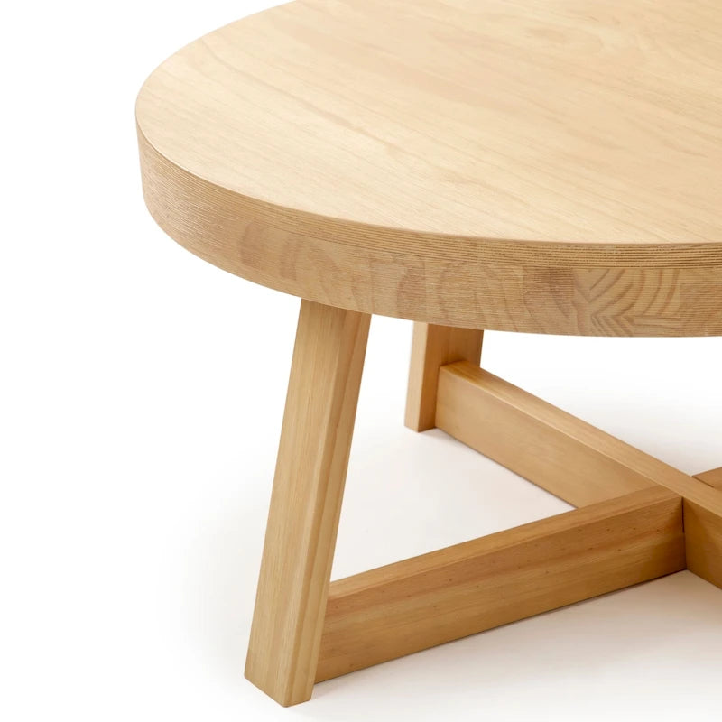 Solid Pine Round Coffee Table with Wirebrush Finish and Cross Legs, Multi-Color