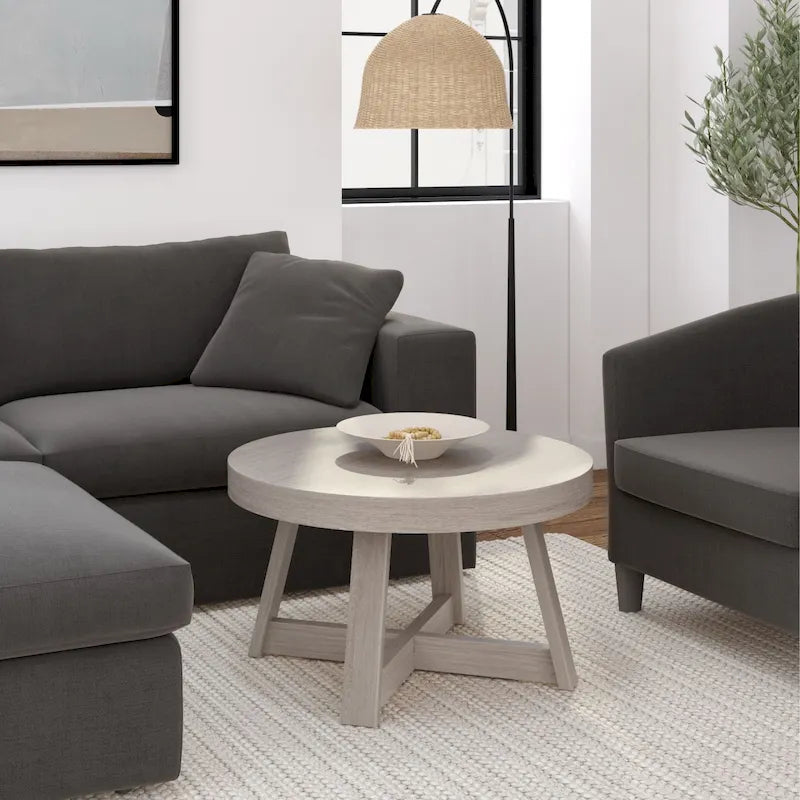 Solid Pine Round Coffee Table with Wirebrush Finish and Cross Legs, Multi-Color