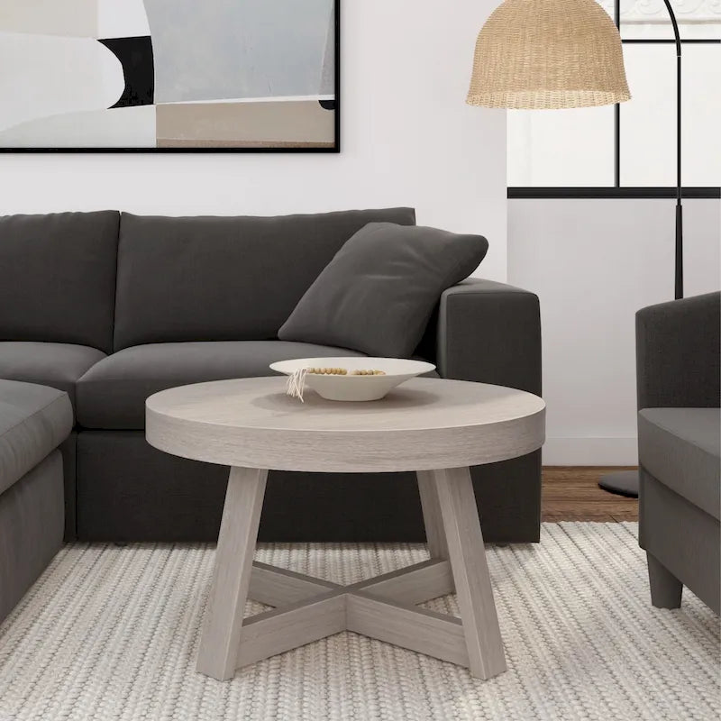 Solid Pine Round Coffee Table with Wirebrush Finish and Cross Legs, Multi-Color