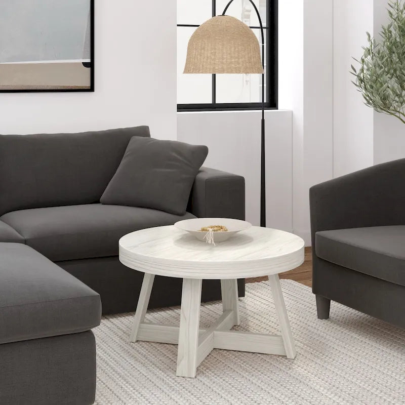 Solid Pine Round Coffee Table with Wirebrush Finish and Cross Legs, Multi-Color