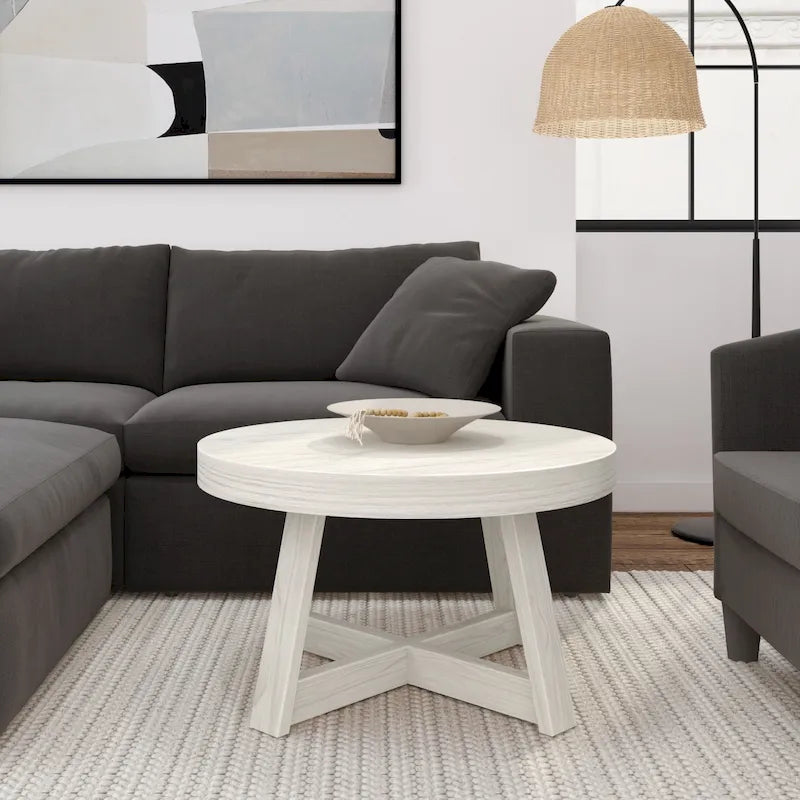 Solid Pine Round Coffee Table with Wirebrush Finish and Cross Legs, Multi-Color
