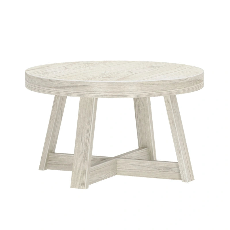 Solid Pine Round Coffee Table with Wirebrush Finish and Cross Legs, Multi-Color