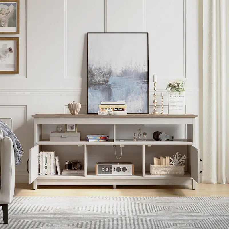 Farmhouse TV Stand for up to 65" TV with X-Door Cabinets, Open Shelves and Power Outlet