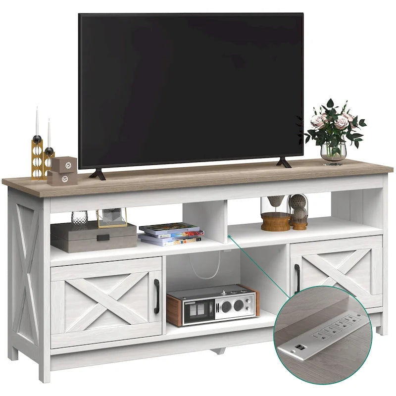 Farmhouse TV Stand for up to 65" TV with X-Door Cabinets, Open Shelves and Power Outlet